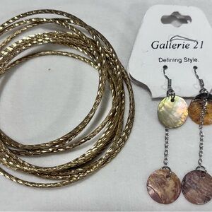 Boho Gold Bangle Stack & Earth-Tone Dangle Earrings Set